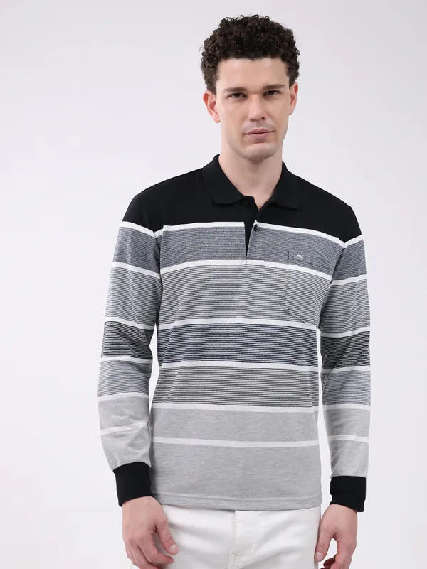 Men Grey Stripe Collar Full Sleeve Winter T-Shirt made by Monte Carlo