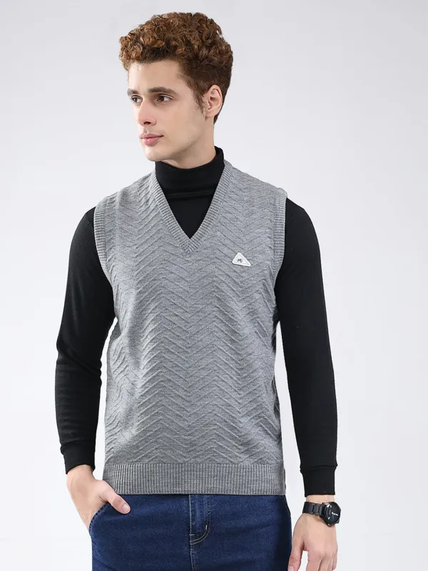 Men Grey Self Design V Neck Sleeveless Sweater made by Monte Carlo