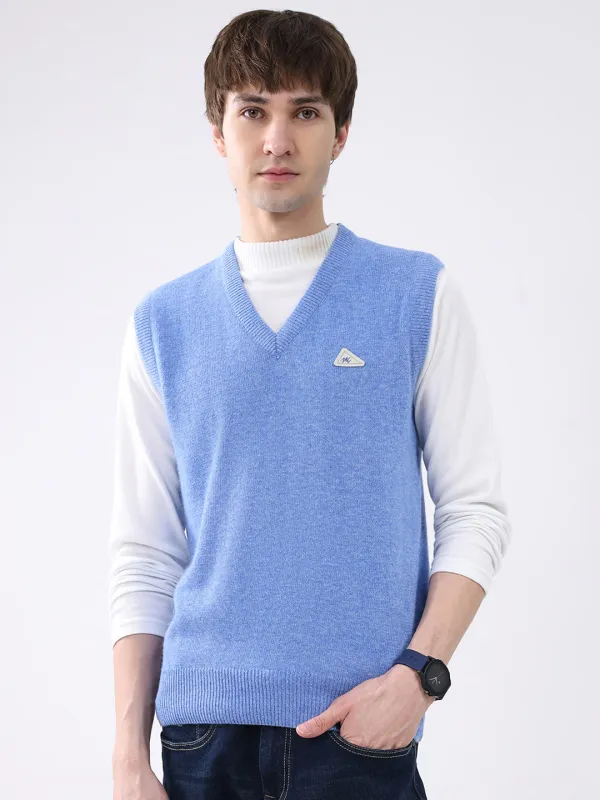 Men Blue Solid V Neck Sleeveless Sweater sold by Monte Carlo