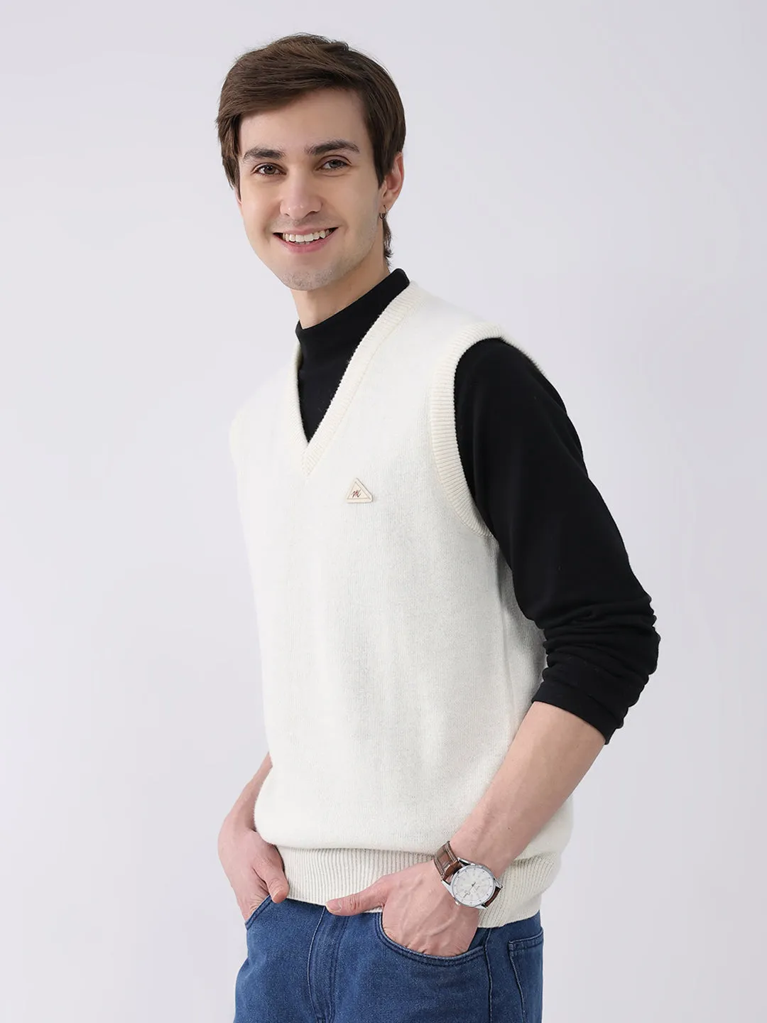 Men White Solid V Neck Sleeveless Sweater sold by Monte Carlo product image thumbnail 3