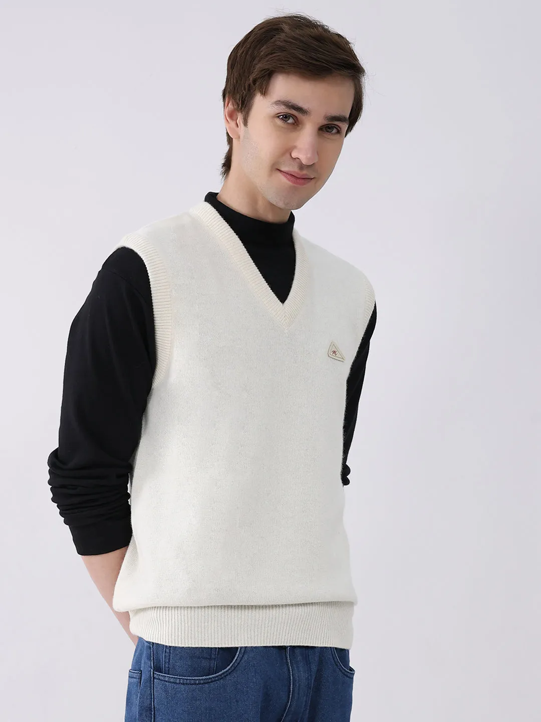 Men White Solid V Neck Sleeveless Sweater sold by Monte Carlo product image thumbnail 4