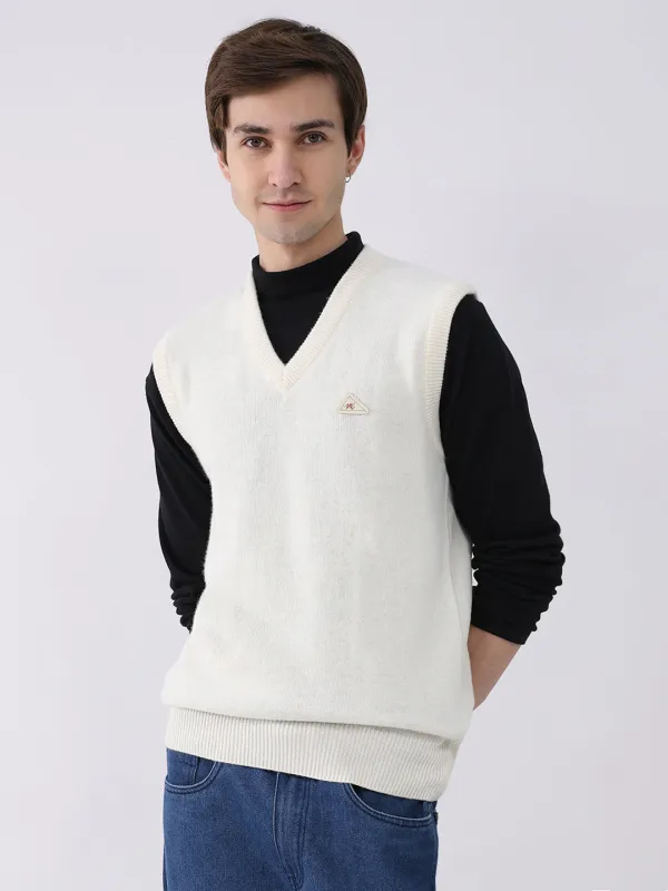 Men White Solid V Neck Sleeveless Sweater made by Monte Carlo