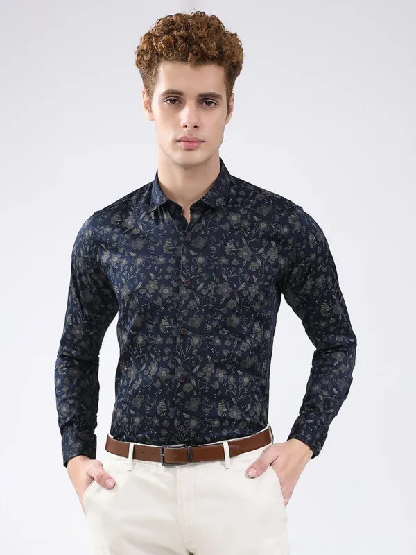 Men Navy Blue Printed Collar Full Sleeve Shirt sold by Monte Carlo