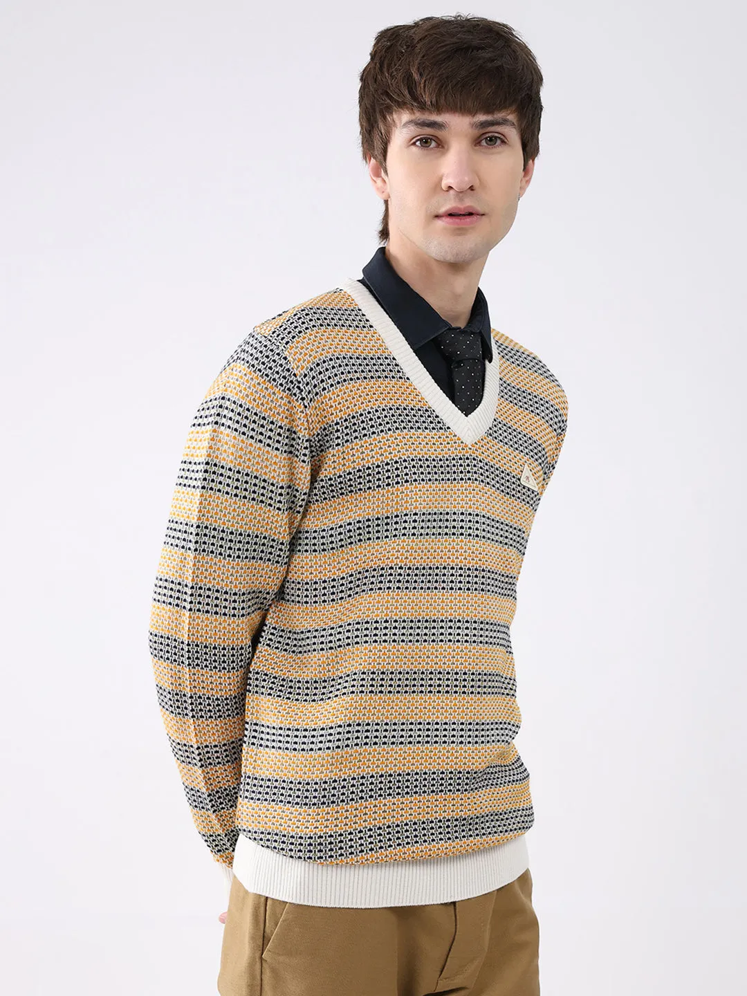 Men Mustard & White Self Design V Neck Full Sleeve Pullover sold by Monte Carlo product image thumbnail 4