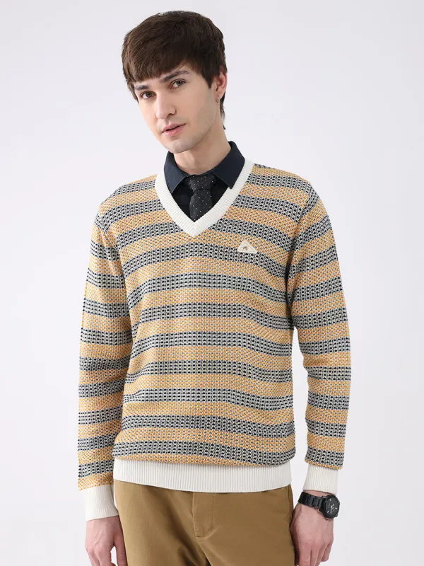 Men Mustard & White Self Design V Neck Full Sleeve Pullover sold by Monte Carlo
