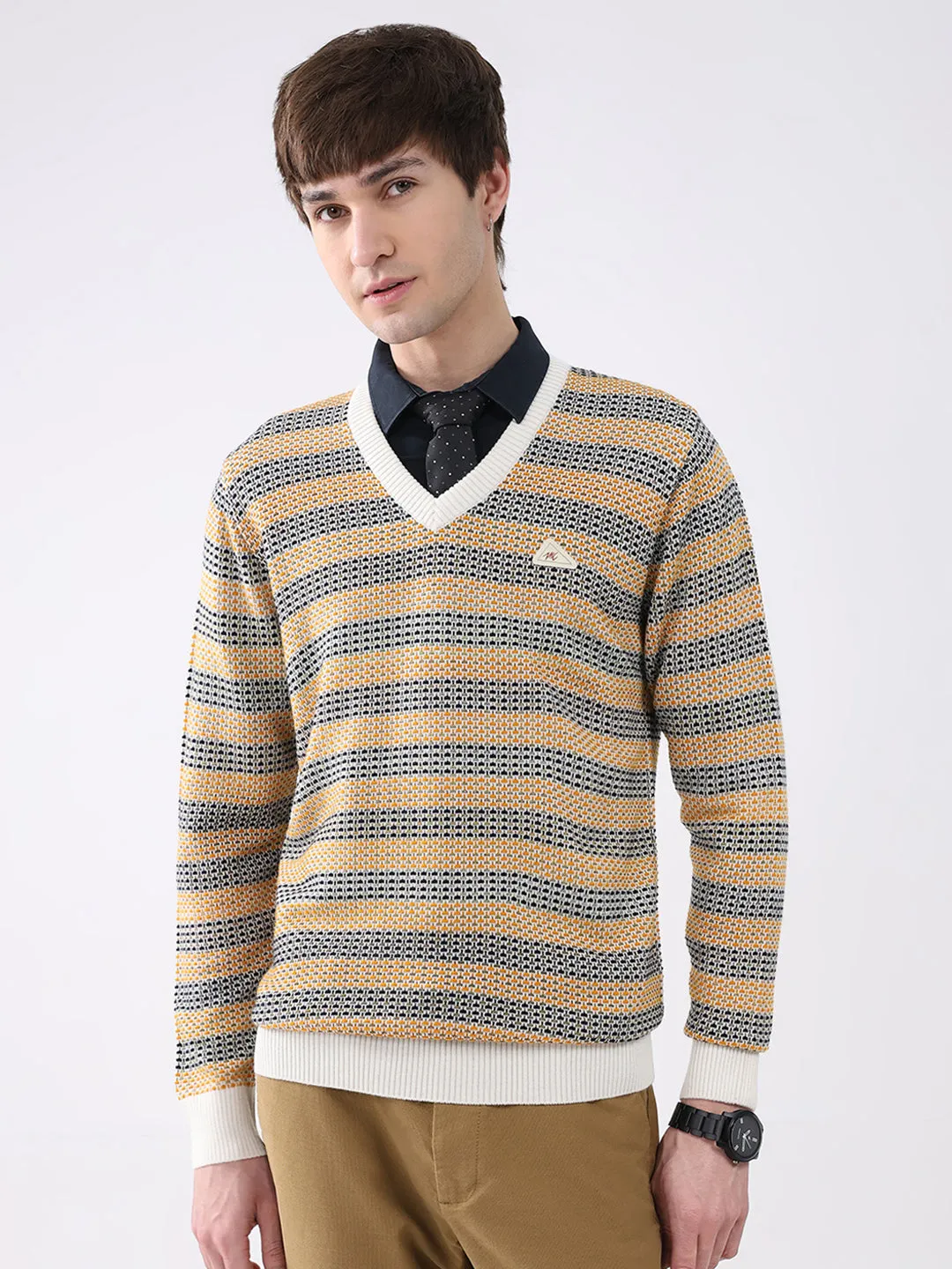 Men Mustard & White Self Design V Neck Full Sleeve Pullover sold by Monte Carlo