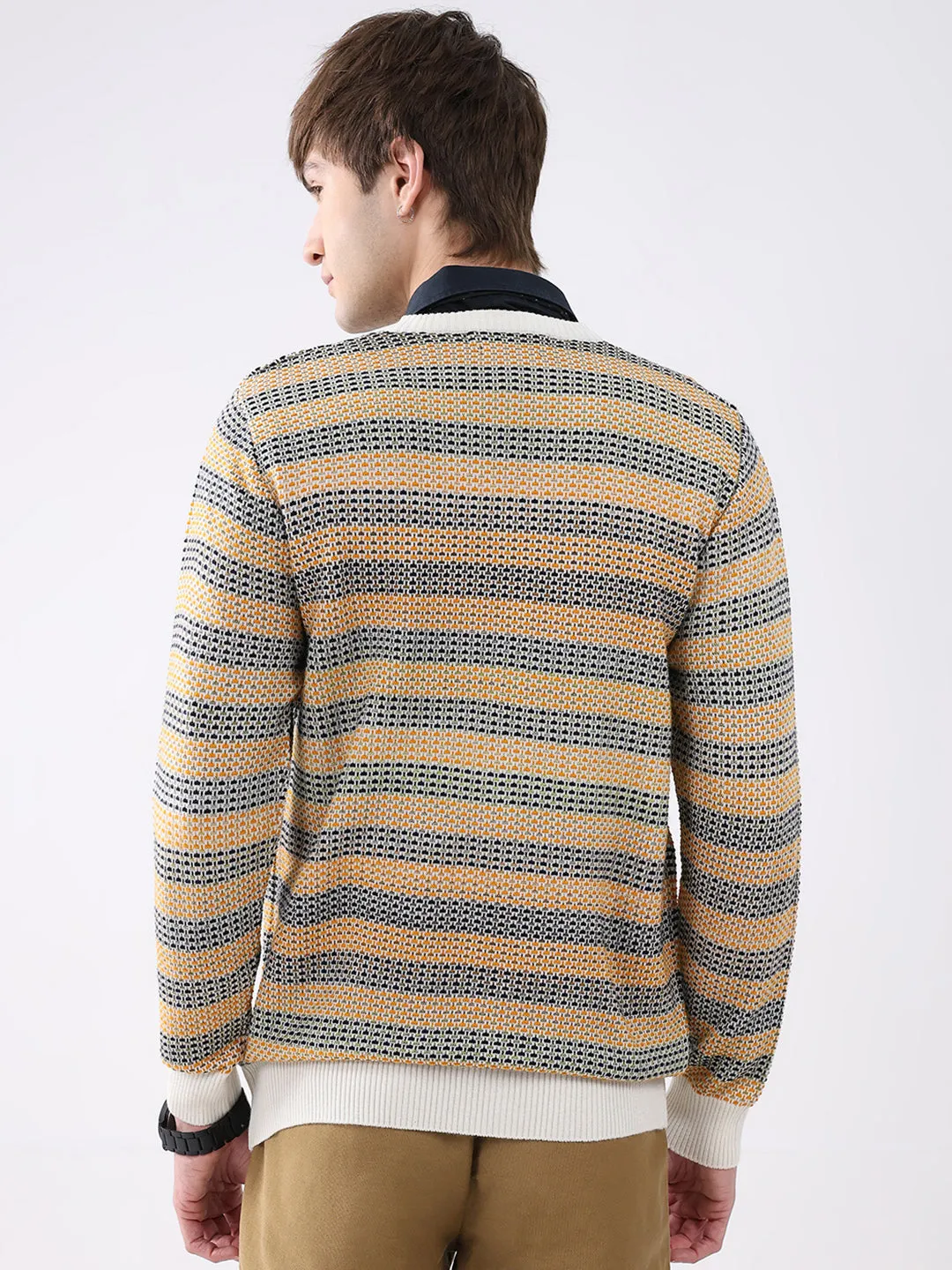 Men Mustard & White Self Design V Neck Full Sleeve Pullover sold by Monte Carlo product image thumbnail 5