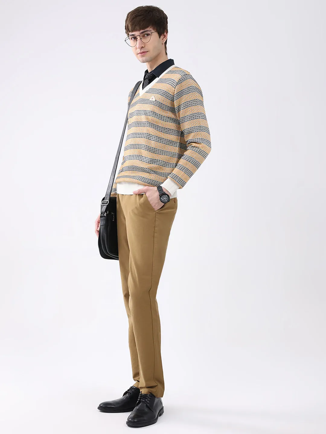 Men Mustard & White Self Design V Neck Full Sleeve Pullover sold by Monte Carlo product image thumbnail 2