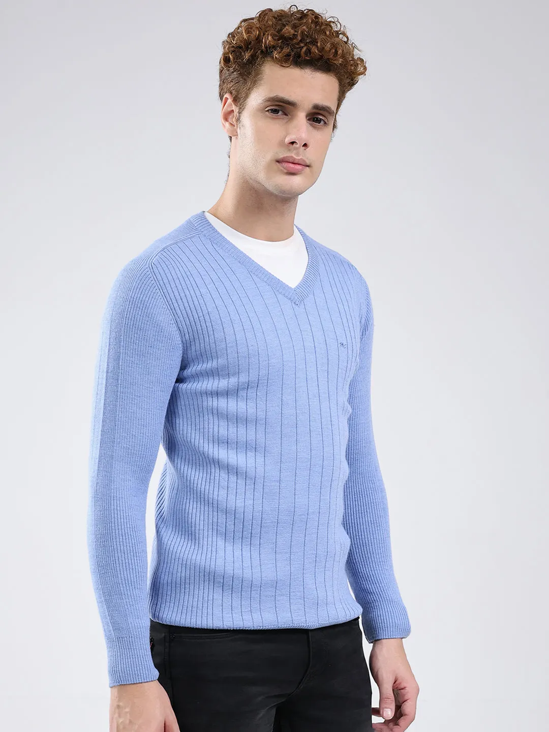 Men Blue Solid V Neck Full Sleeve Pullover sold by Monte Carlo product image thumbnail 4