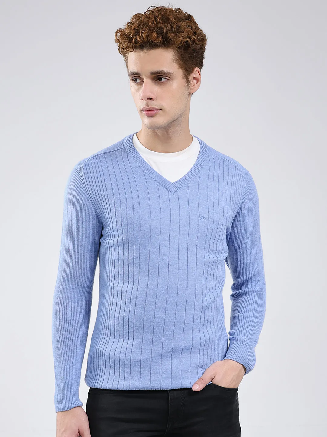 Men Blue Solid V Neck Full Sleeve Pullover sold by Monte Carlo