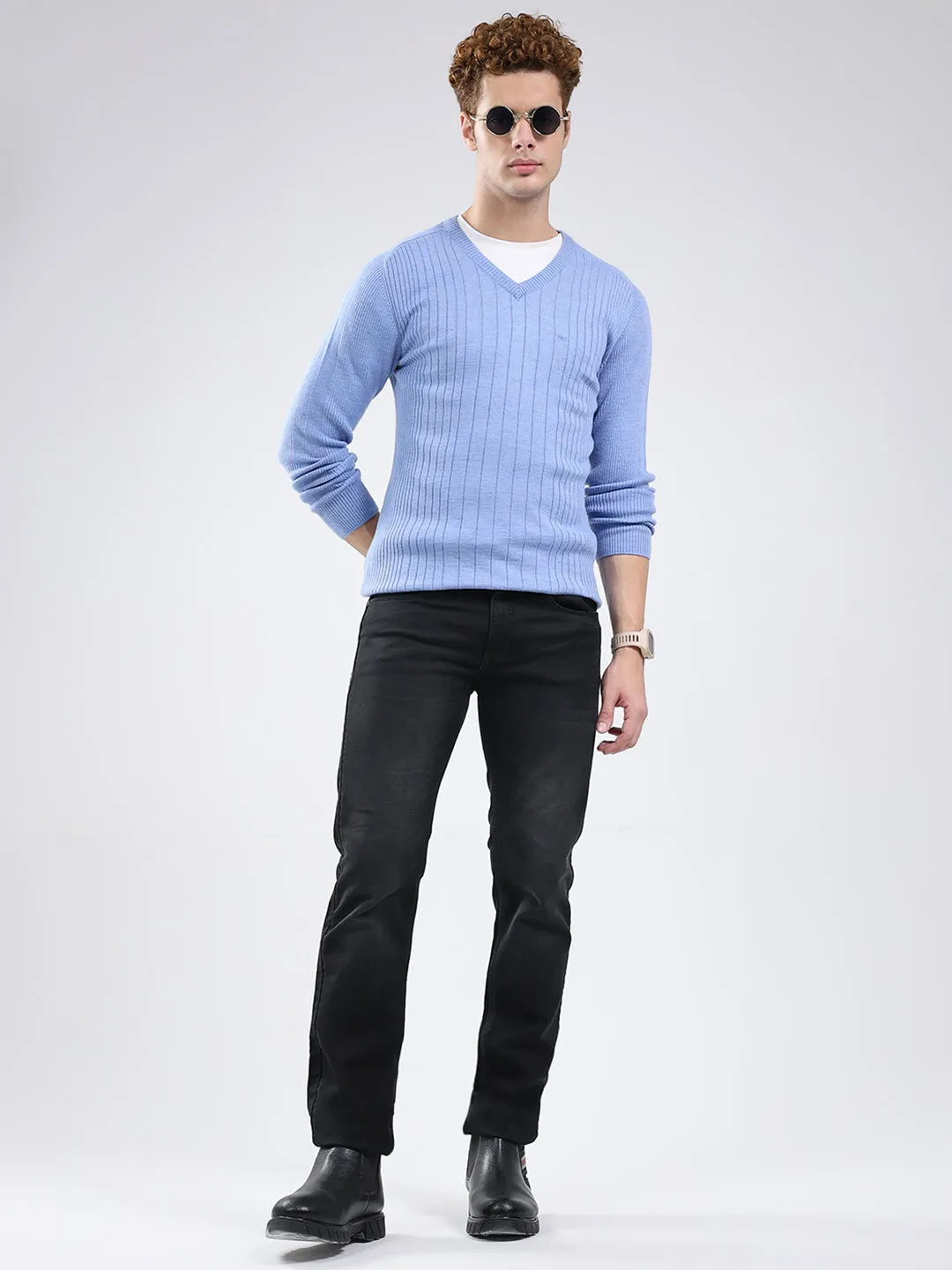 Men Blue Solid V Neck Full Sleeve Pullover sold by Monte Carlo product image thumbnail 2