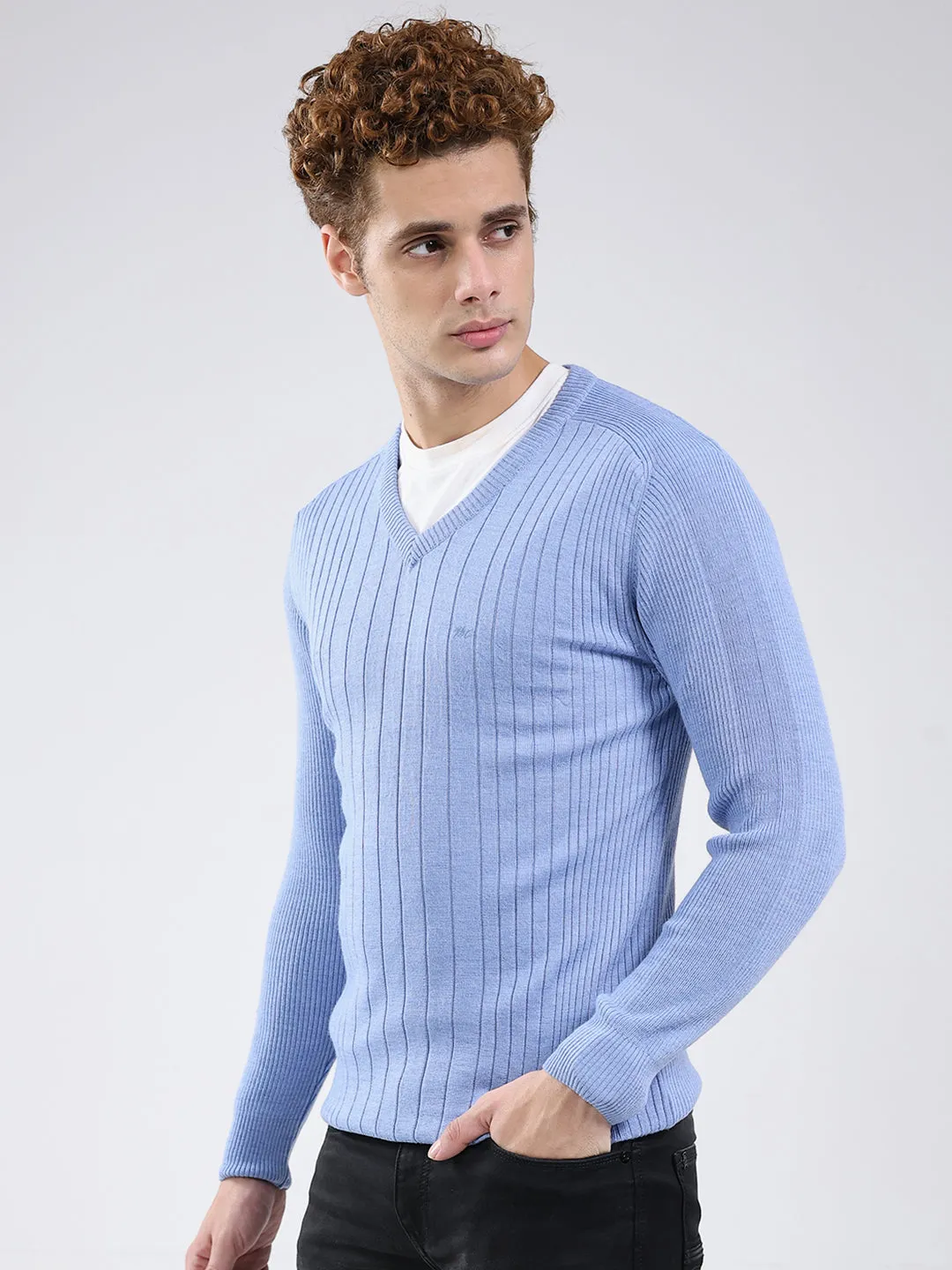Men Blue Solid V Neck Full Sleeve Pullover sold by Monte Carlo product image thumbnail 3
