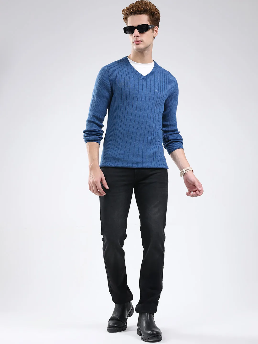 Men Blue Solid V Neck Full Sleeve Pullover sold by Monte Carlo product image thumbnail 2