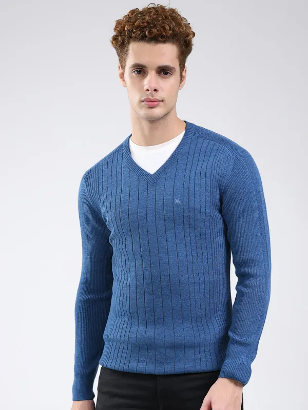 Men Blue Solid V Neck Full Sleeve Pullover made by Monte Carlo