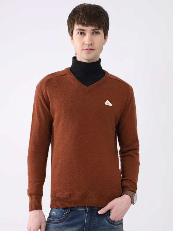 Men Rust Solid V Neck Full Sleeve Pullover made by Monte Carlo