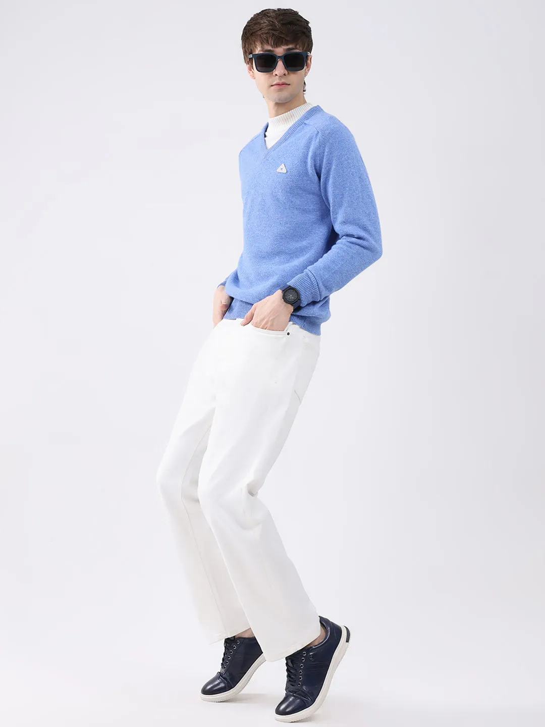 Men Blue Solid V Neck Full Sleeve Pullover sold by Monte Carlo product image thumbnail 2