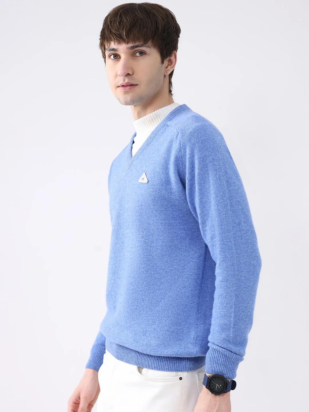 Men Blue Solid V Neck Full Sleeve Pullover sold by Monte Carlo product image thumbnail 3