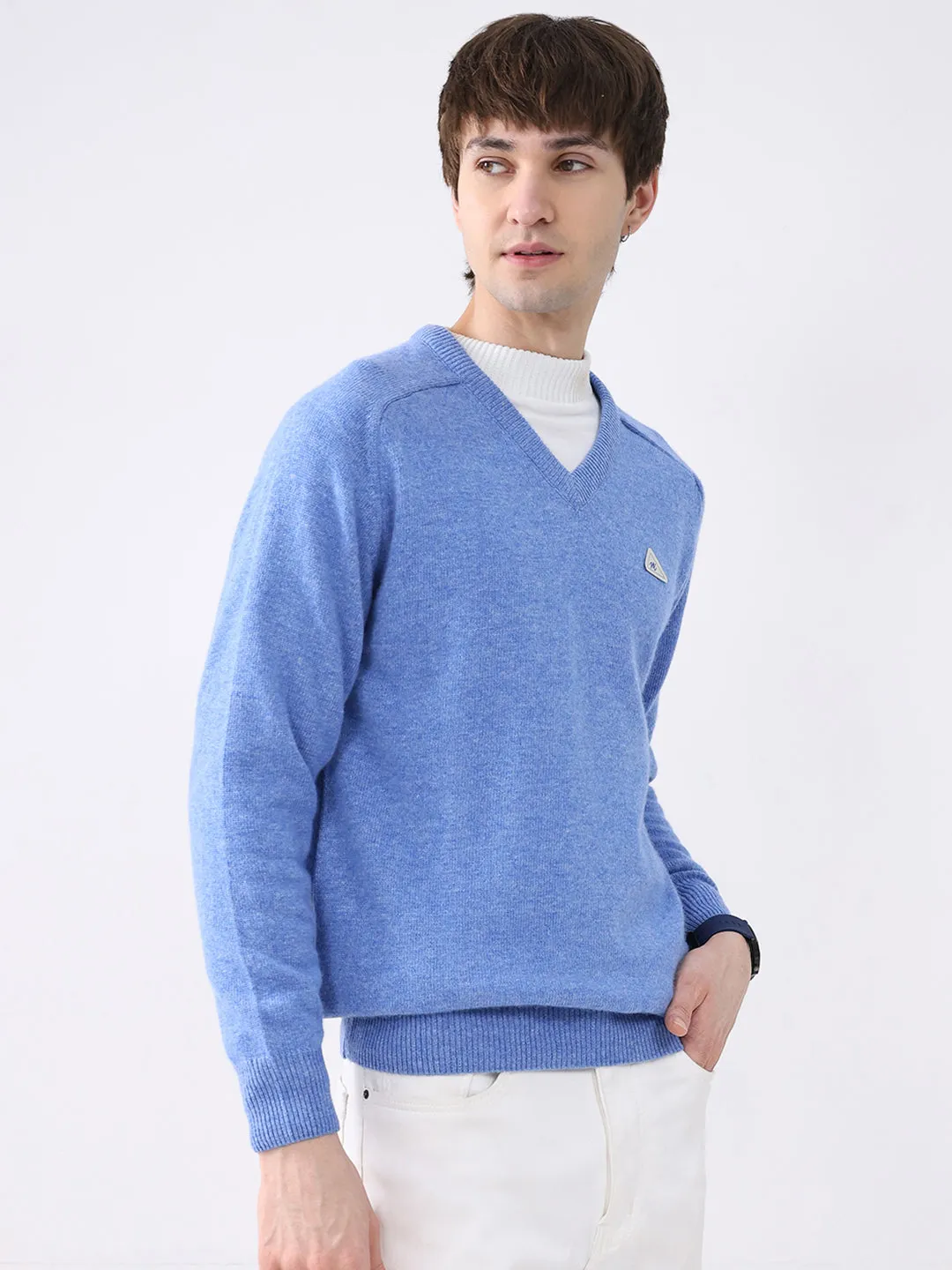 Men Blue Solid V Neck Full Sleeve Pullover sold by Monte Carlo product image thumbnail 4