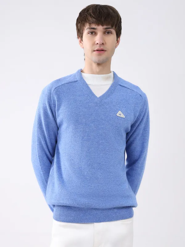 Men Blue Solid V Neck Full Sleeve Pullover made by Monte Carlo