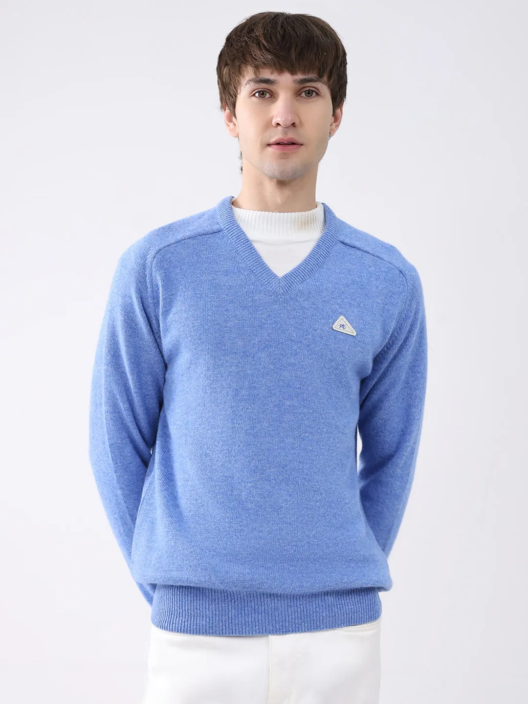 Men Blue Solid V Neck Full Sleeve Pullover sold by Monte Carlo