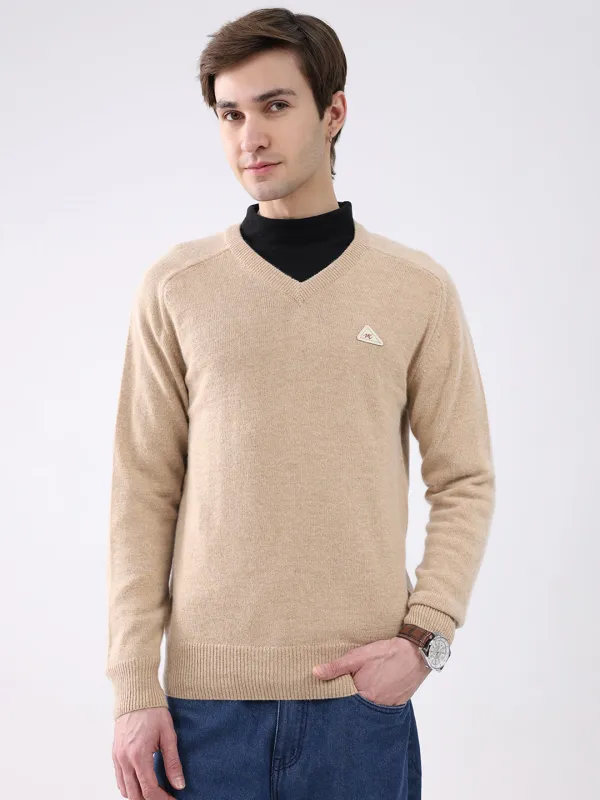 Men Khaki Solid V Neck Full Sleeve Pullover sold by Monte Carlo