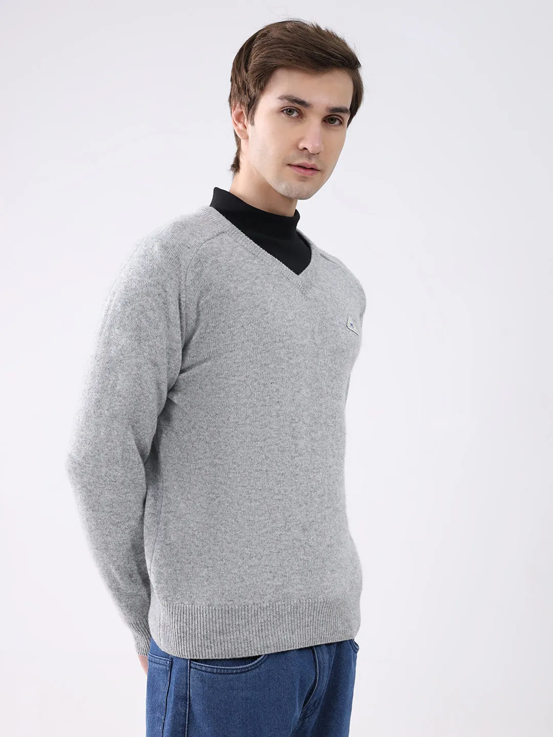 Men Grey Solid V Neck Full Sleeve Pullover sold by Monte Carlo product image thumbnail 4