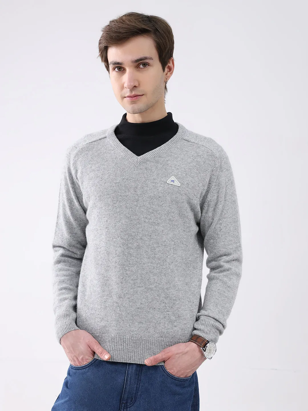 Men Grey Solid V Neck Full Sleeve Pullover sold by Monte Carlo