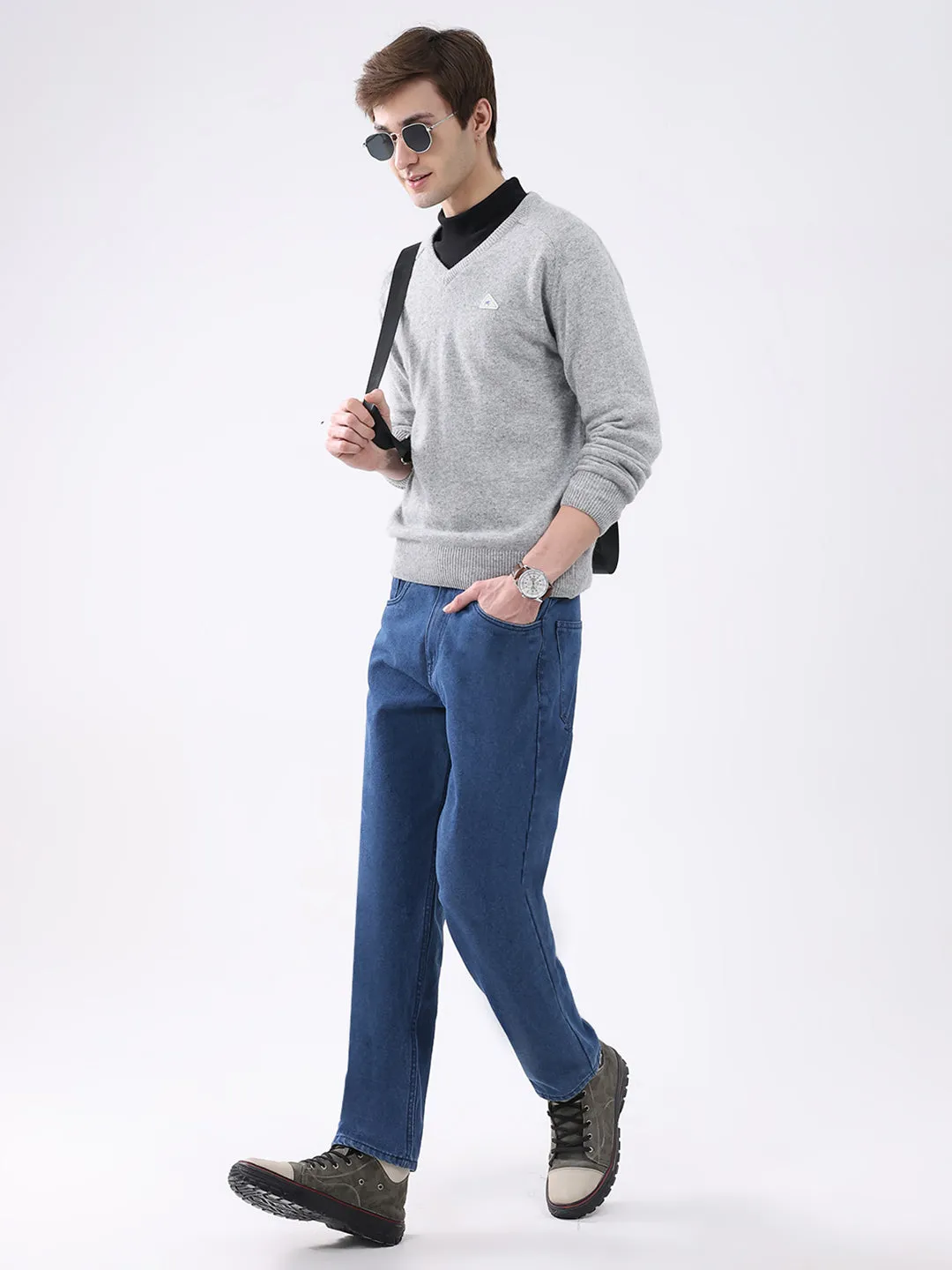 Men Grey Solid V Neck Full Sleeve Pullover sold by Monte Carlo product image thumbnail 2