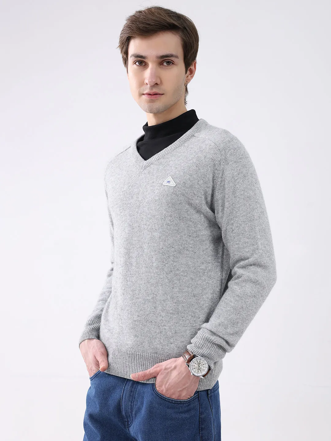 Men Grey Solid V Neck Full Sleeve Pullover sold by Monte Carlo product image thumbnail 3