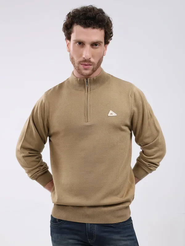 Men Khaki Solid Mock Neck Full Sleeve Pullover sold by Monte Carlo