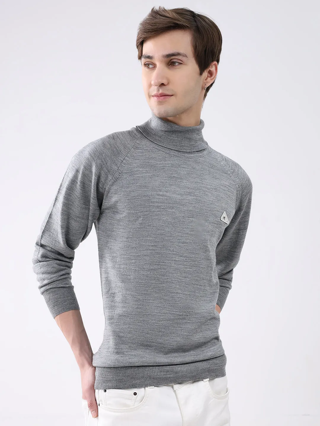 Men Grey Solid Turtle Neck Full Sleeve Pullover sold by Monte Carlo product image thumbnail 4