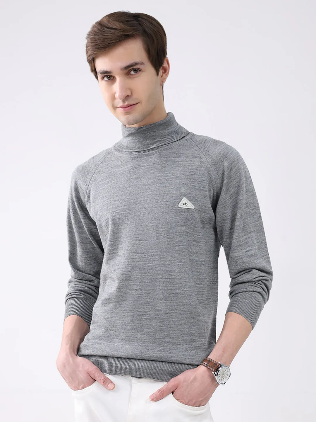 Men Grey Solid Turtle Neck Full Sleeve Pullover sold by Monte Carlo