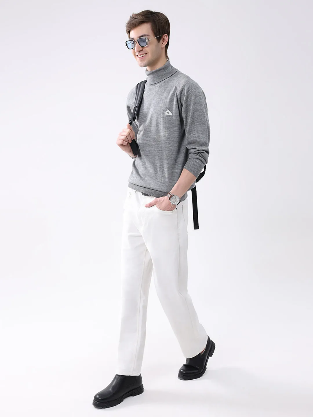 Men Grey Solid Turtle Neck Full Sleeve Pullover sold by Monte Carlo product image thumbnail 2