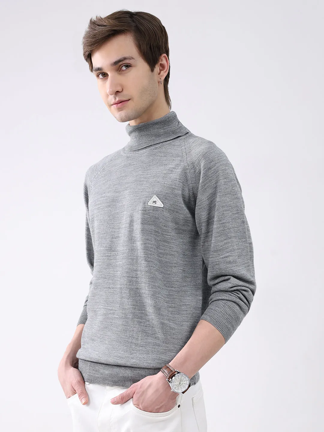 Men Grey Solid Turtle Neck Full Sleeve Pullover sold by Monte Carlo product image thumbnail 3