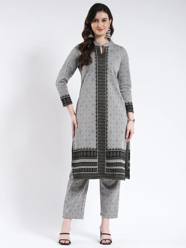 Women Grey Self Design Band Neck Full Sleeve Kurti Set for Winter made by Monte Carlo