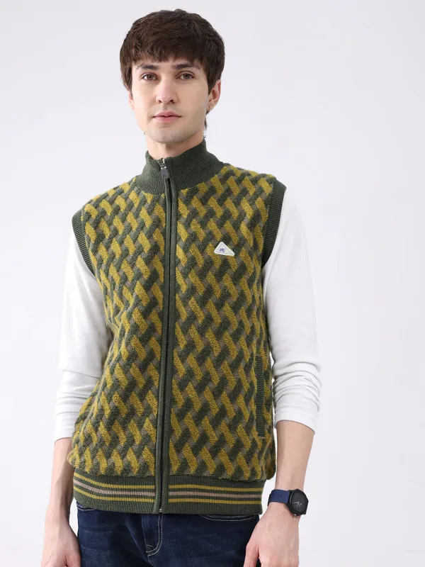 Men Green Self Design Mock Neck Sleeveless Jacket made by Monte Carlo