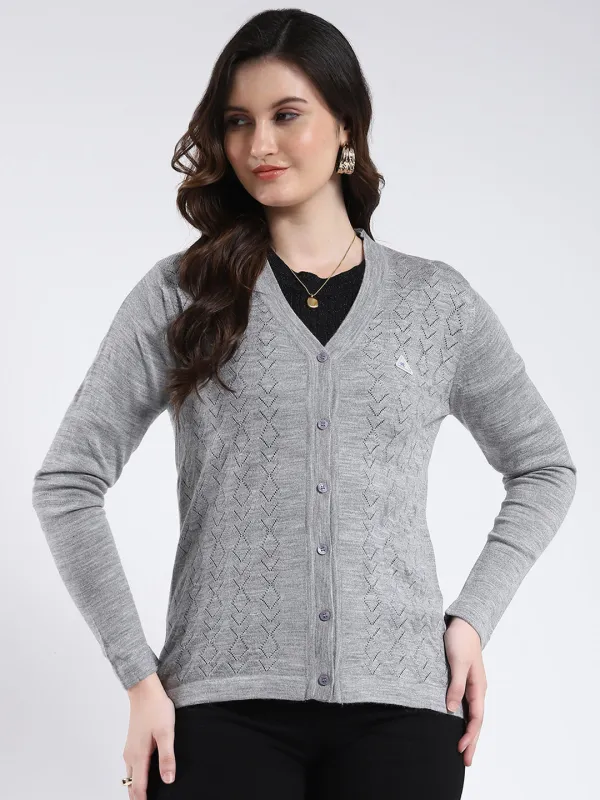 Women Grey Self Design V Neck Full Sleeve Cardigan sold by Monte Carlo