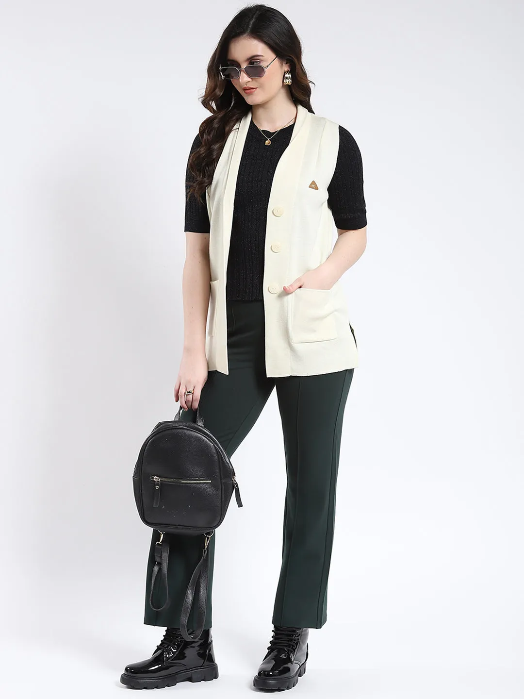 Women White Solid V Neck Sleeveless Cardigan sold by Monte Carlo product image thumbnail 2