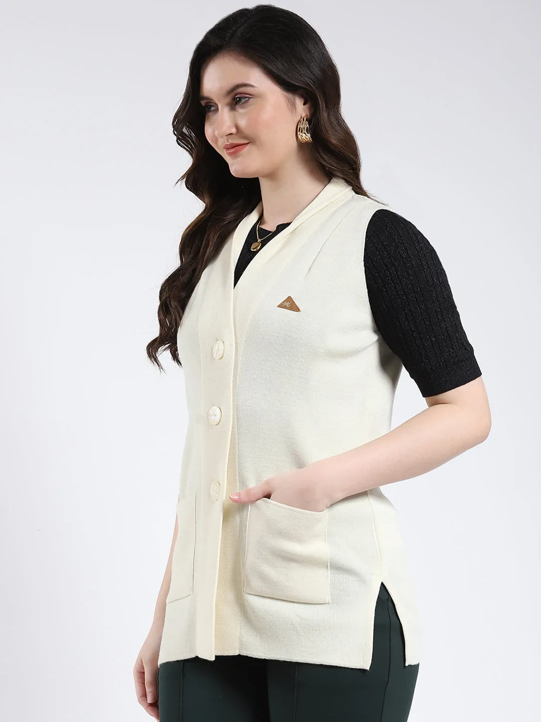 Women White Solid V Neck Sleeveless Cardigan sold by Monte Carlo product image thumbnail 3