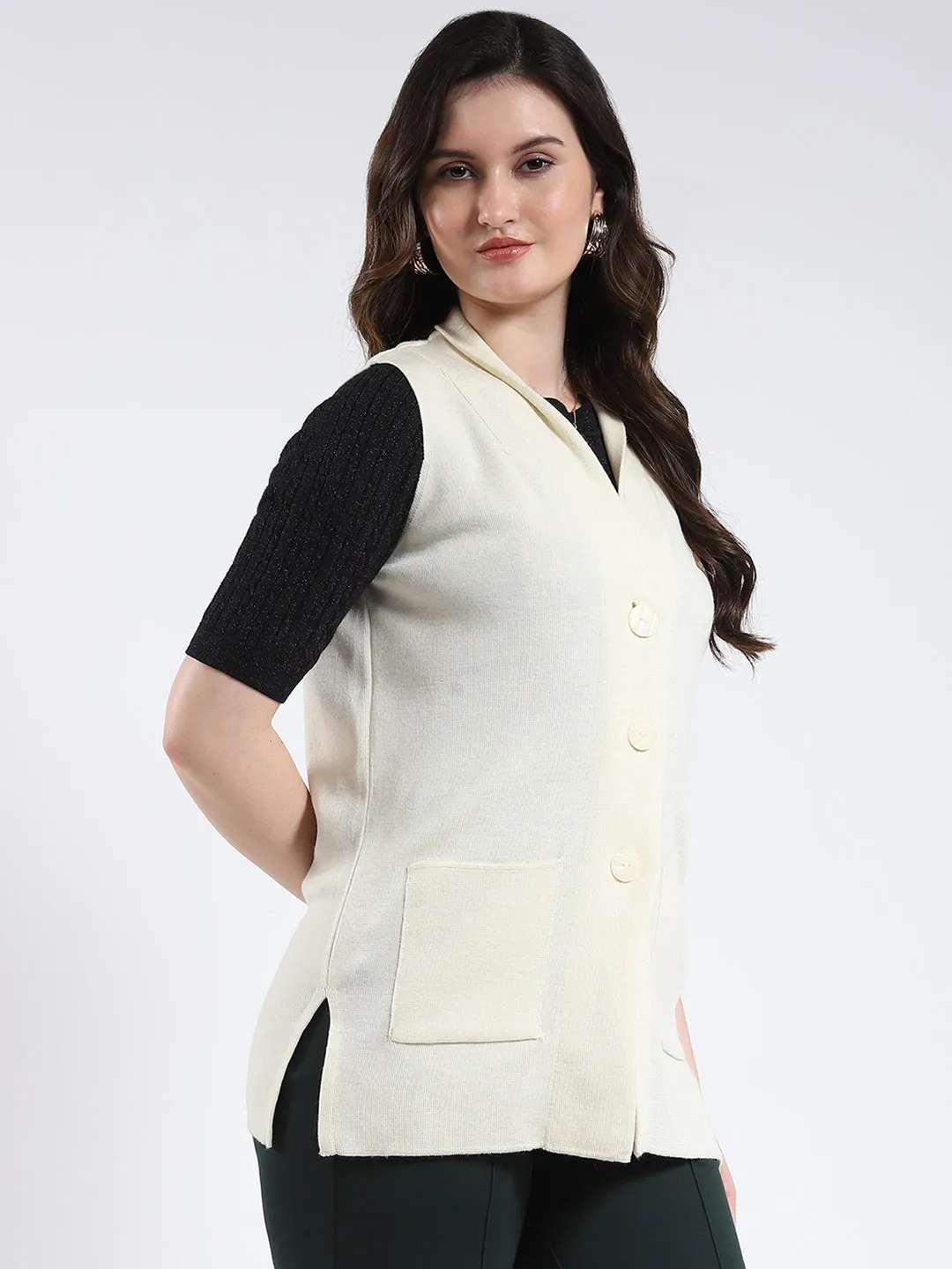 Women White Solid V Neck Sleeveless Cardigan sold by Monte Carlo product image thumbnail 4