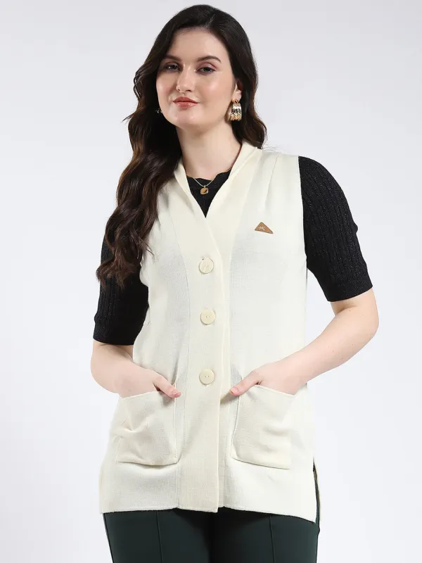 Women White Solid V Neck Sleeveless Cardigan sold by Monte Carlo