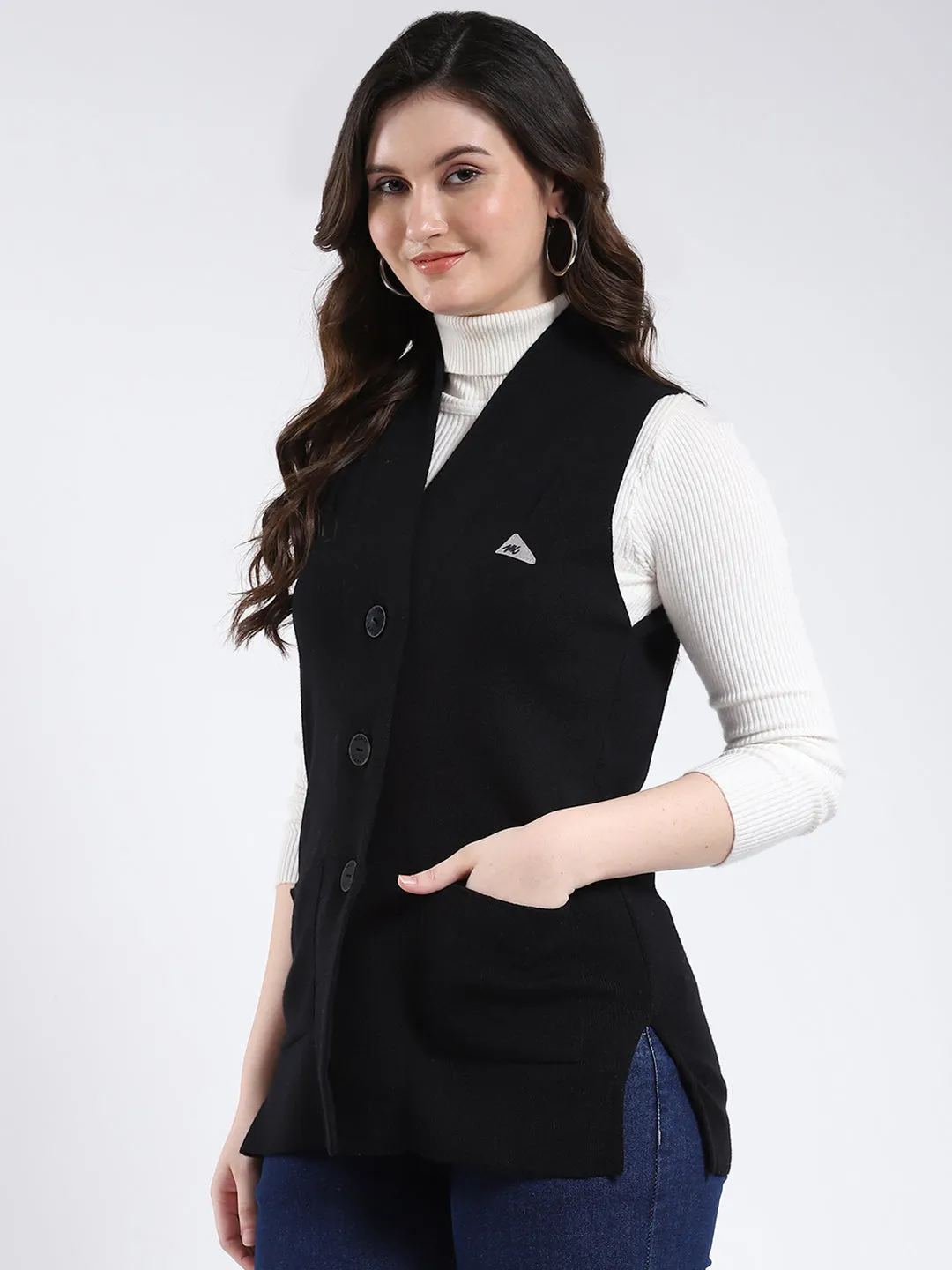 Women Black Solid V Neck Sleeveless Cardigan sold by Monte Carlo product image thumbnail 3