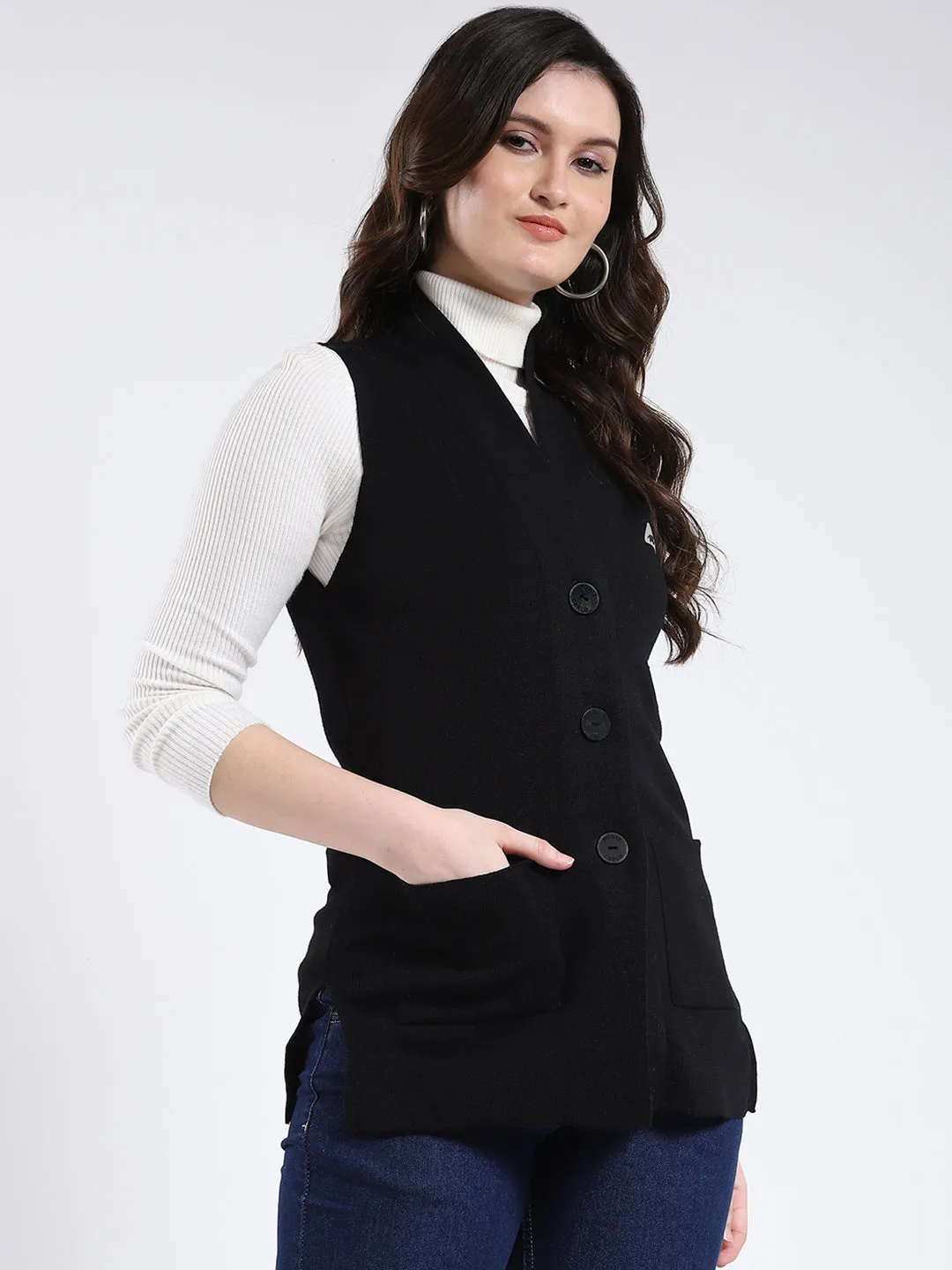 Women Black Solid V Neck Sleeveless Cardigan sold by Monte Carlo product image thumbnail 4