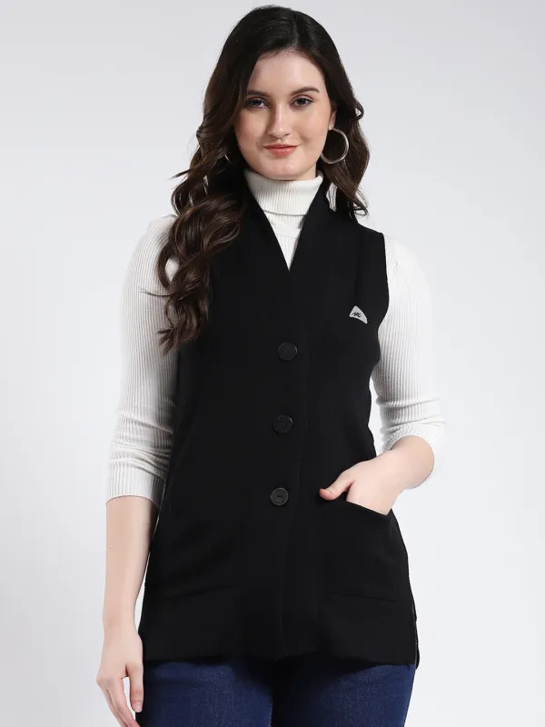 Women Black Solid V Neck Sleeveless Cardigan sold by Monte Carlo