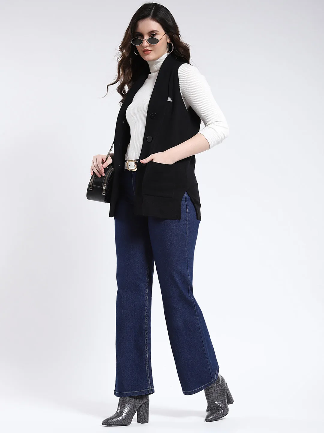 Women Black Solid V Neck Sleeveless Cardigan sold by Monte Carlo product image thumbnail 2