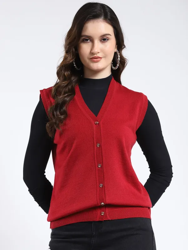 Women Red Solid V Neck Sleeveless Cardigan sold by Monte Carlo