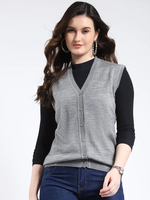 Women Grey Solid V Neck Sleeveless Cardigan sold by Monte Carlo