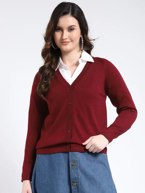 Women Maroon Solid V Neck Full Sleeve Cardigan sold by Monte Carlo