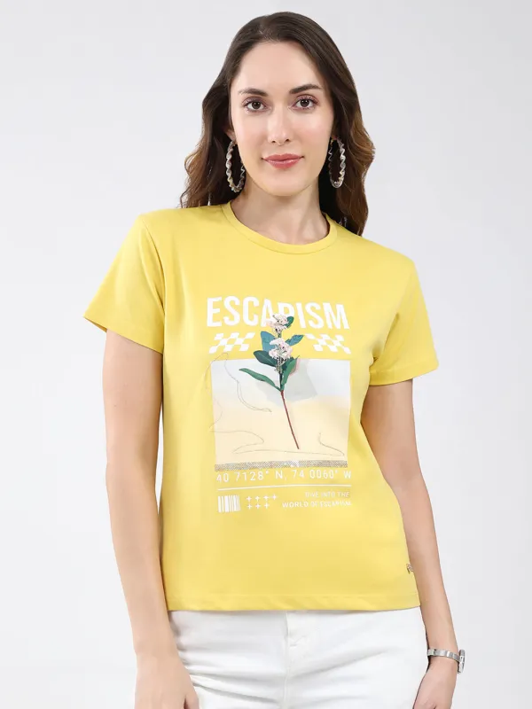 Women Yellow Printed Round Neck Half Sleeve Top sold by Monte Carlo