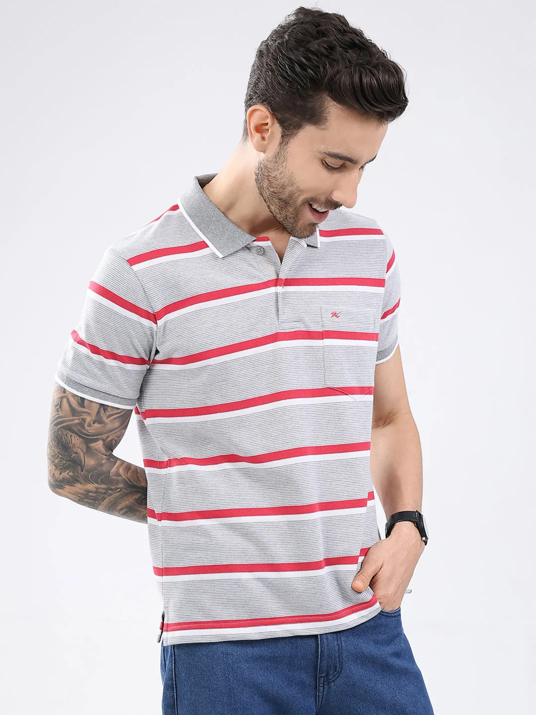 Men Grey Stripe Collar Half Sleeve T-Shirt sold by Monte Carlo product image thumbnail 4